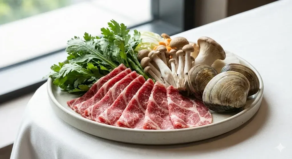 擺盤精緻的新鮮火鍋食材，包含低脂牛肉片、多種菇類、綠色蔬菜與蛤蜊，屬於營養師推薦的原型食物。
