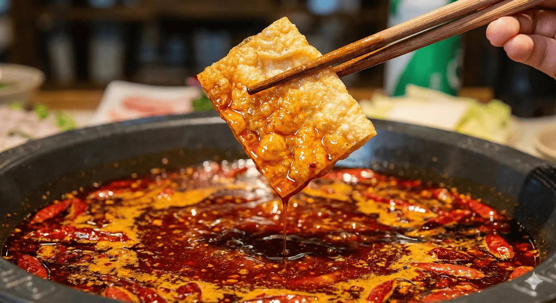 一塊炸豆皮從麻辣鍋中被夾起，吸飽了紅色的辣油，展示了其作為高熱量「吸油海綿」的特性。