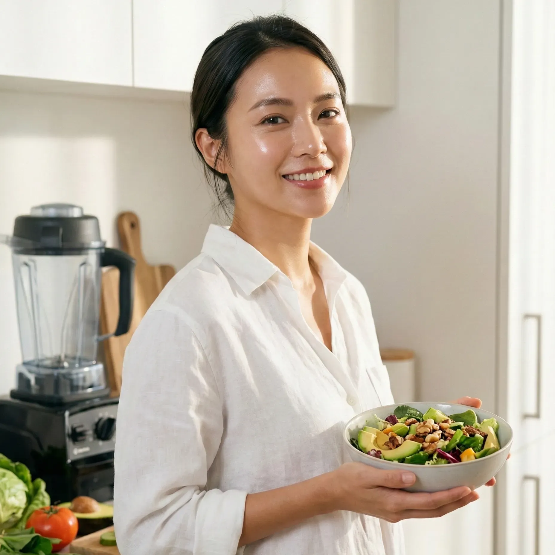 透過地中海飲食改善膚質的亞洲女性，展現健康透亮的光澤肌。