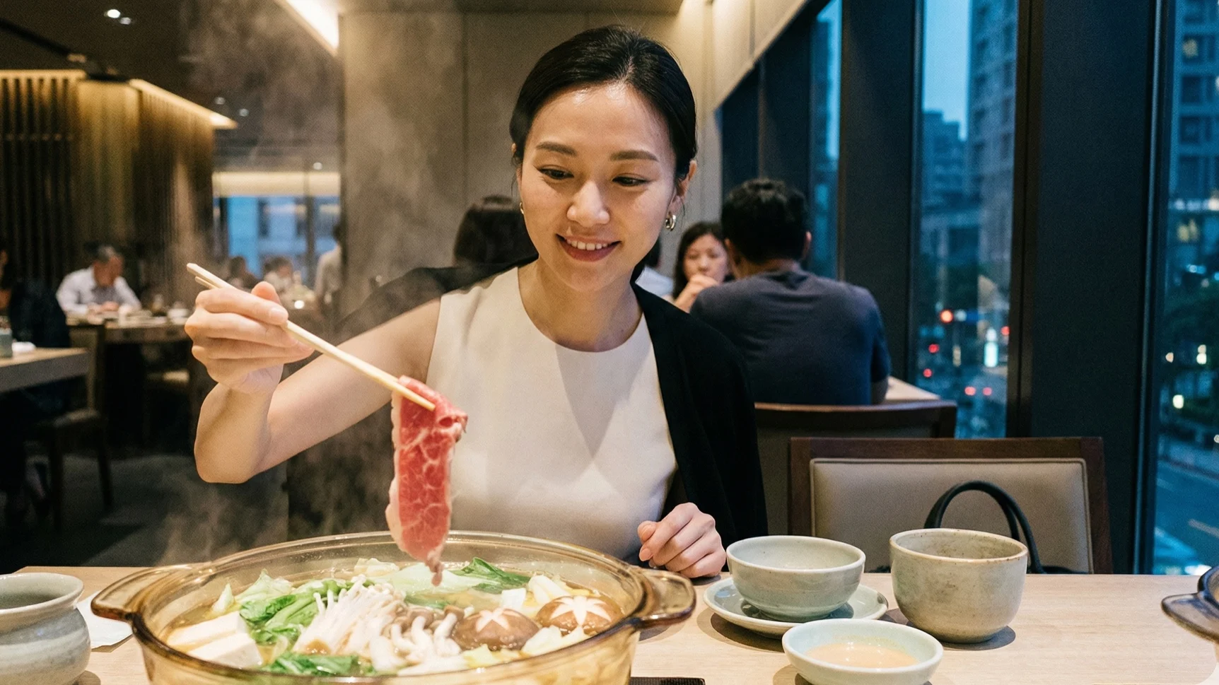 一位優雅的女性在台北餐廳享用健康的清湯火鍋,夾起一片低脂牛肉,展現輕盈的飲食。